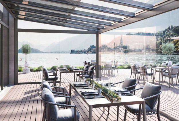 Glass sliding wall canopy for restaurants